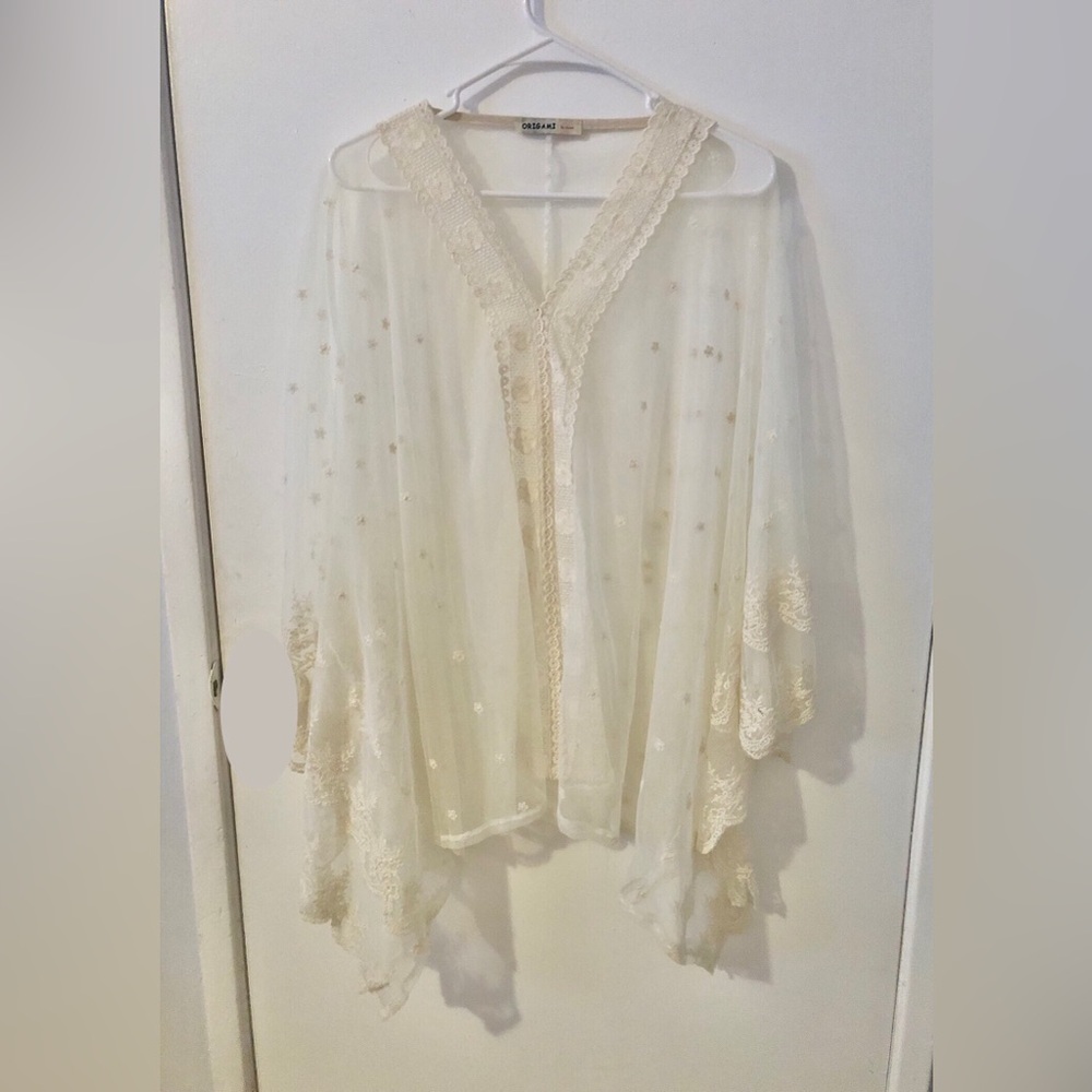 Sheer Embroidered Lace-Trim Pool Coverup - off white top loose tunic one size
